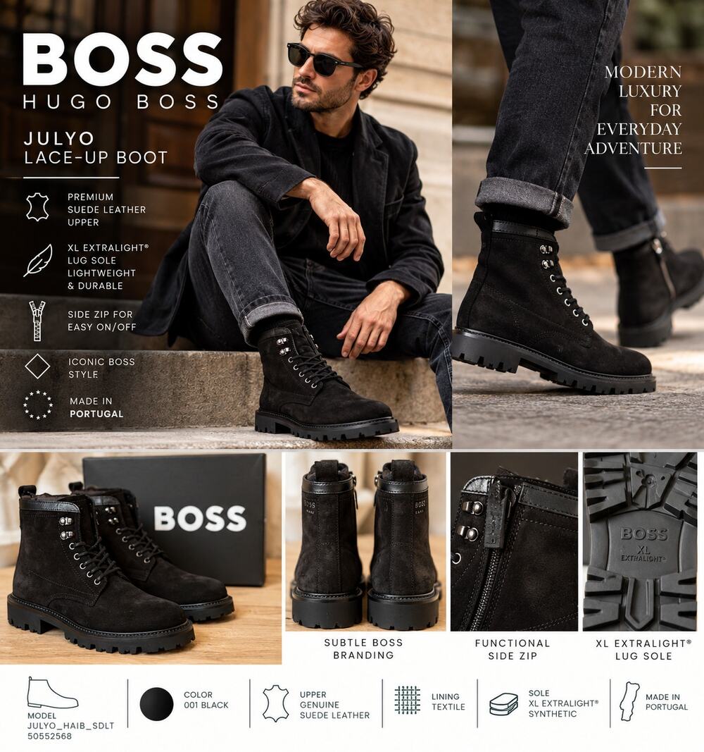 BOSS Hugo Boss Julyo Men's US 7 Black Suede Leather Lug Boots NIB Portugal
